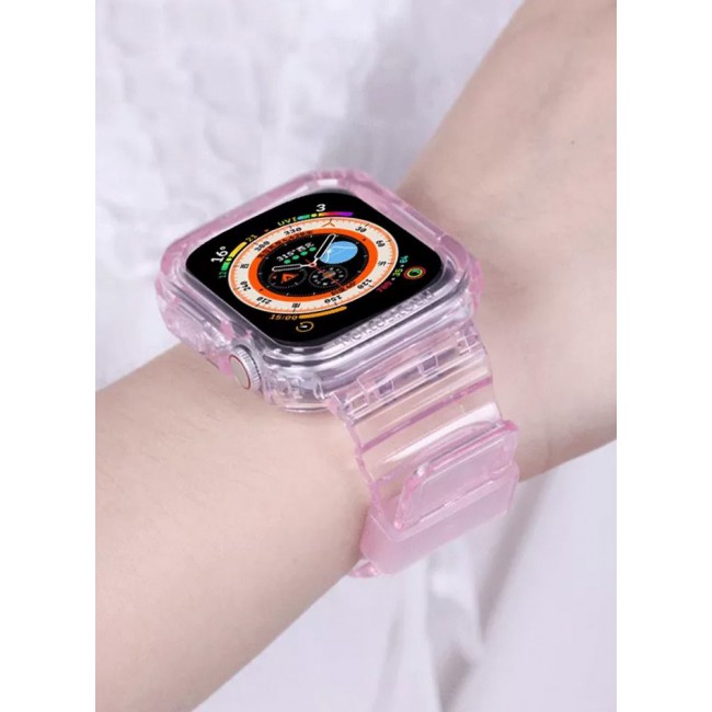 CATANES Apple Watch Ultra Band 49mm Crystal Clear Band with Bumper Case Soft Transparent TPU Strap for iWatch Ultra Pink