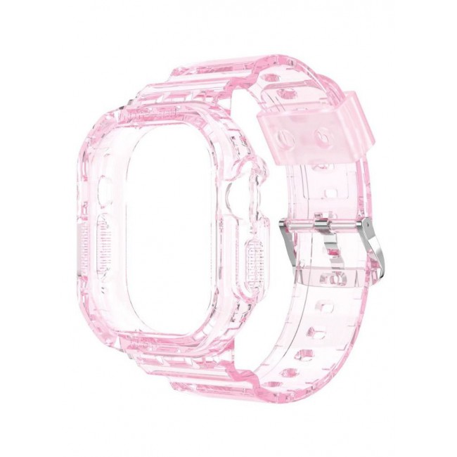 CATANES Apple Watch Ultra Band 49mm Crystal Clear Band with Bumper Case Soft Transparent TPU Strap for iWatch Ultra Pink