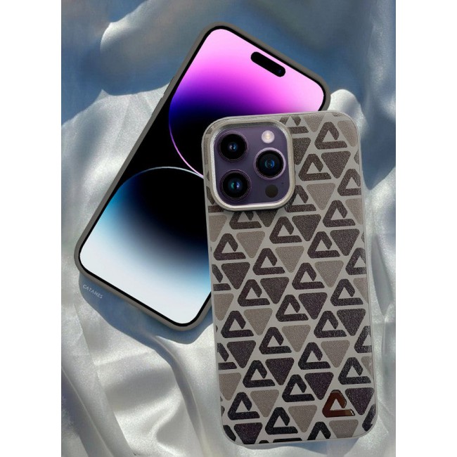 CATANES (for iPhone 14 Pro Max) Case Leather Back Cover Triangle Pattern Shockproof Protective Phone Case Brown