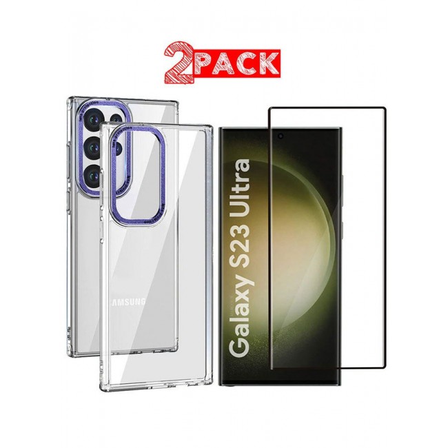 CATANES 2 Pack For Samsung Galaxy S23 Ultra Clear Case With Screen Protector Purple Edge