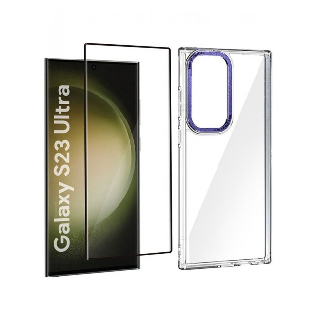 CATANES 2 Pack For Samsung Galaxy S23 Ultra Clear Case With Screen Protector Purple Edge
