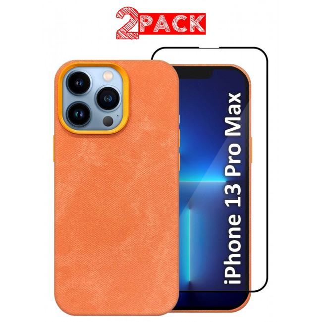 CATANES 2Packs iPhone 13 Pro Max Alcantara Case Cover Premium Quality Luxurious Soft Touch Protection with Metal Camera Frame with a 3D Screen Protector - Orange