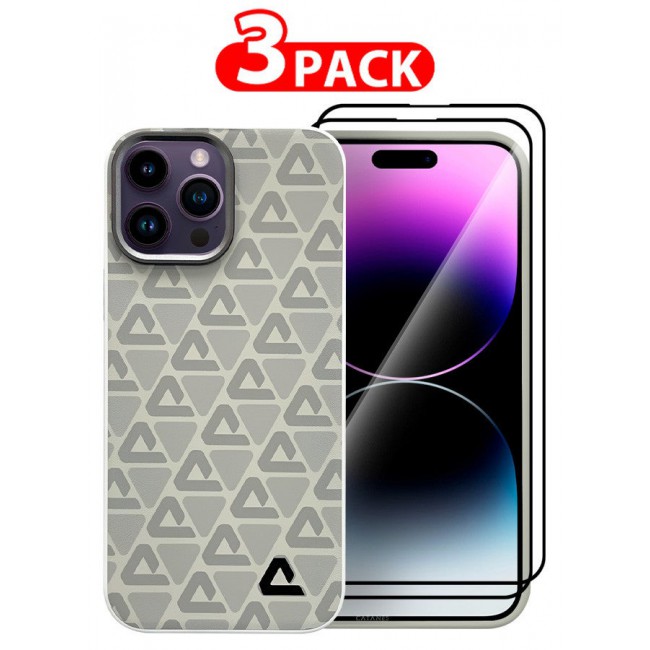 CATANES (for iPhone 14 Pro Max) 3 Pack Case and 2 Screen Protectors Leather Back Cover Triangle Pattern Shockproof Protective Phone Case Light Beige