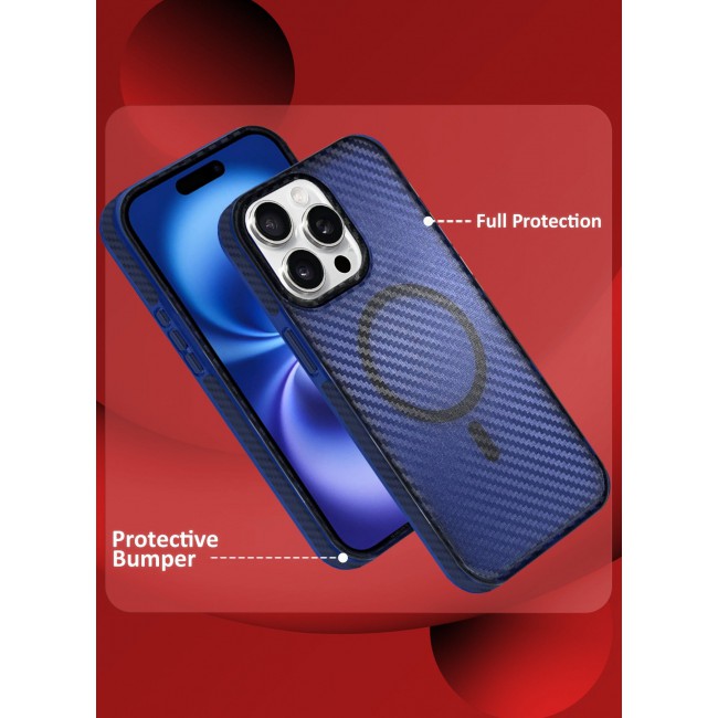 CATANES (for iPhone 15 Pro Max) Magsafe Case Cover Carbon Fiber Magnetic Strong Shockproof Protective Slim Thin Cover Transparent Matte - Blue Color