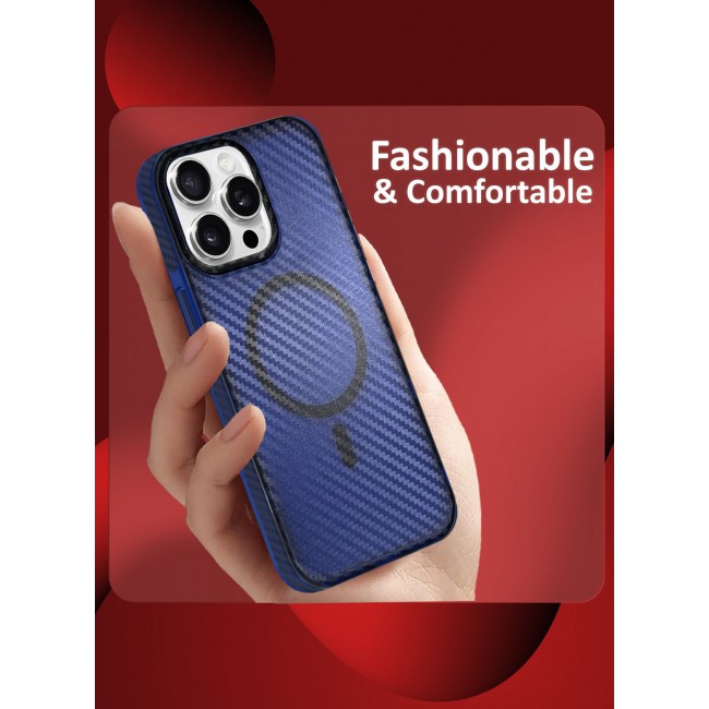 CATANES (for iPhone 15 Pro Max) Magsafe Case Cover Carbon Fiber Magnetic Strong Shockproof Protective Slim Thin Cover Transparent Matte - Blue Color