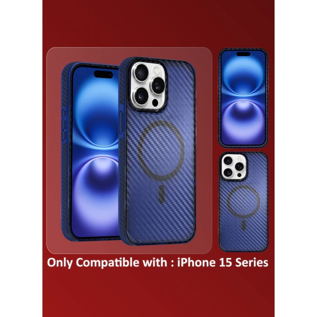 CATANES (for iPhone 15 Pro Max) Magsafe Case Cover Carbon Fiber Magnetic Strong Shockproof Protective Slim Thin Cover Transparent Matte - Blue Color