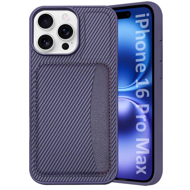 CATANES iPhone 16 Pro Max Case Leather Antifingerprint Cover with Detachable Wallet Card Slot Shell Insert Card Holder Anti Fall Protection Carbon Fiber Design - Purple
