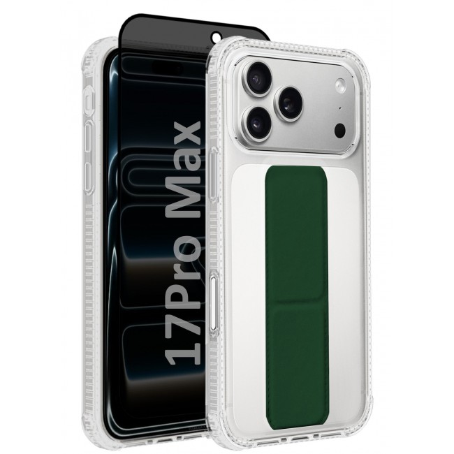CATANES 2 Packs Finger Grip Clear Case Cover for iPhone 17 Pro Max - Kickstand Car Magnetic Holder Multi-function Protective Two-in-one Case with Privacy Screen Protector - Dark Green