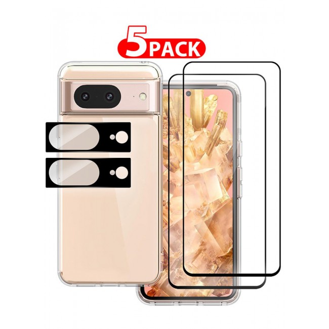 CATANES 5 Packs For Pixel 8 TPU Case and 2 Screen Protectors and 2 Camera Lens Protectors Clear Transparent Shockproof Protective Phone Case Scratch Resistant Cover