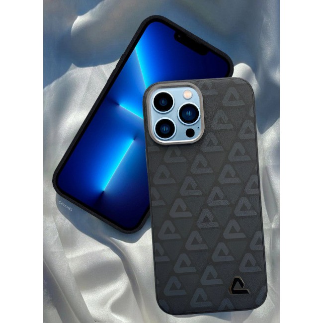 CATANES (for iPhone 13 Pro Max) Case Leather Back Cover Triangle Pattern Shockproof Protective Phone Case Black