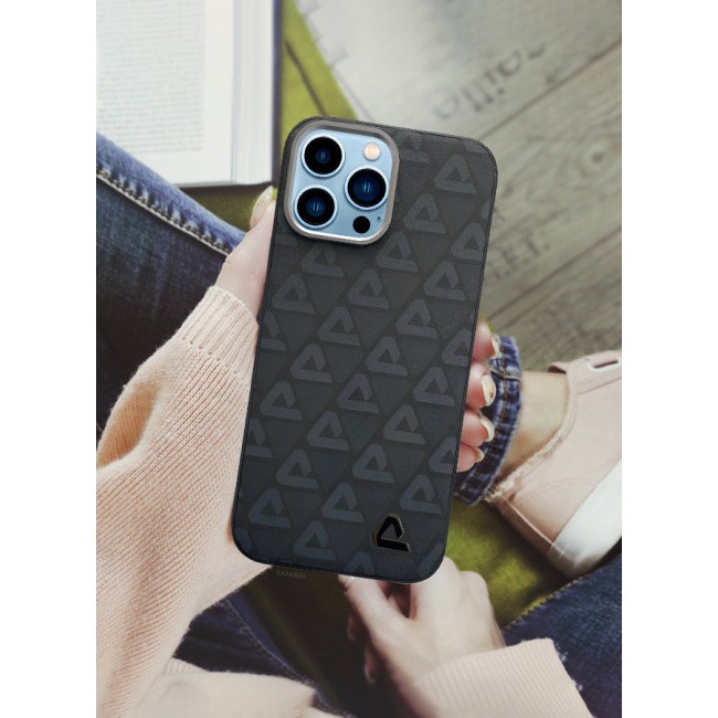 CATANES (for iPhone 13 Pro Max) Case Leather Back Cover Triangle Pattern Shockproof Protective Phone Case Black