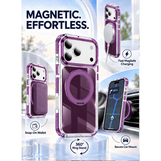 CATANES 2 Pack Magnetic Case For iPhone 18 Pro Max Clear TPU Cover with 360-Degree Rotating Ring Kickstand - Burgundy