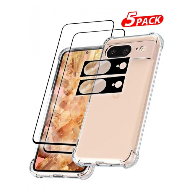 CATANES 5 Packs For Google Pixel 8 TPU Case and 2 Screen Protectors and 2 Camera Lens Protectors Clear Transparent Shockproof Protective Phone Case Scratch Resistant Reinforced Corners Cover