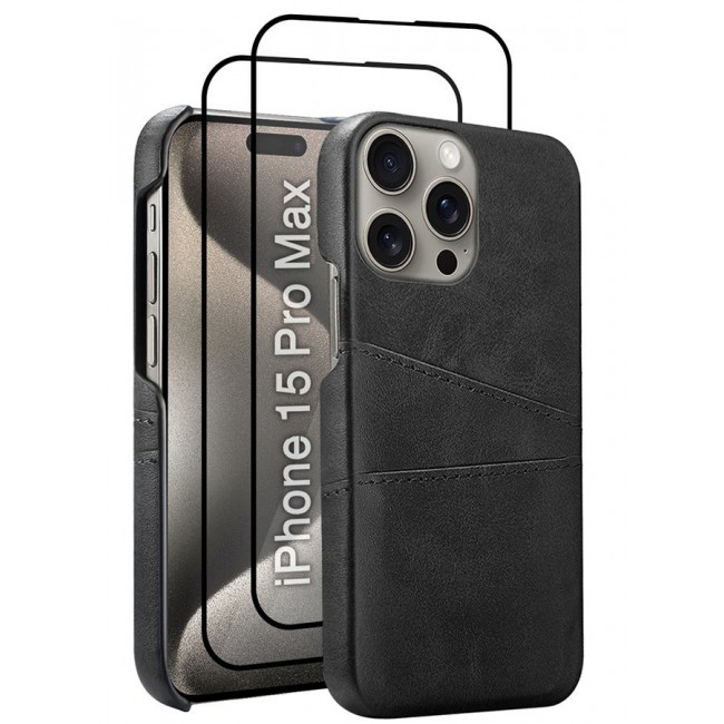 CATANES iPhone 15 Pro Max 3Packs Case Cover Leather with Card Holder for Men Women Phone Case with 3D Screen Protector - Black