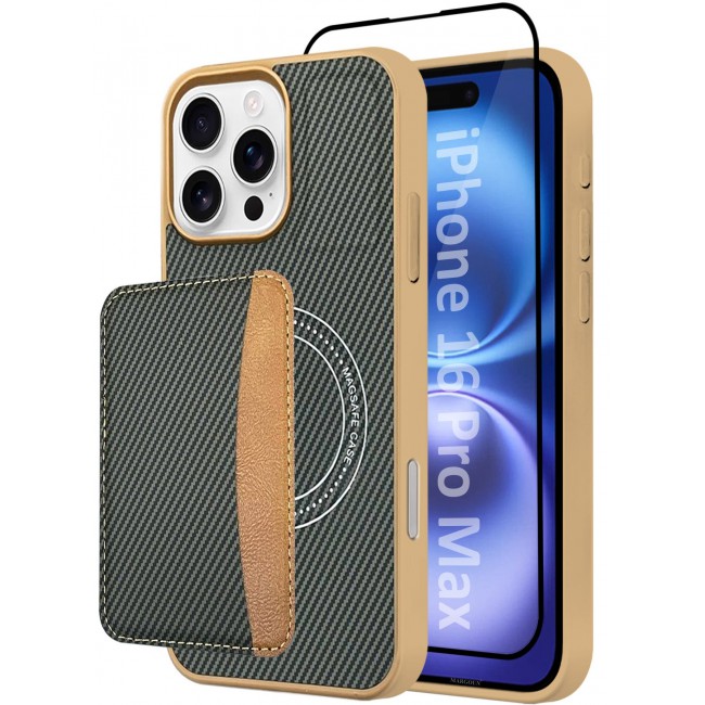 CATANES iPhone 16 Pro Max Case Leather 2Packs Antifingerprint Cover with Detachable Wallet Card Slot Shell Insert Card Holder Anti Fall Protection Carbon Fiber Design with 3D Screen Protector - Beige