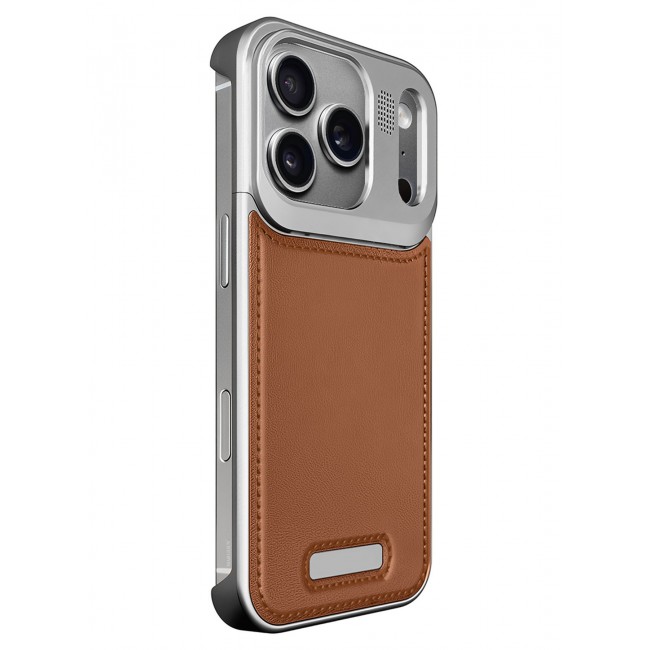 CATANES Leather Aluminum Alloy Metal Case for iPhone 17 Pro Max - with Aromatherapy and MagSafe - Silver Brown