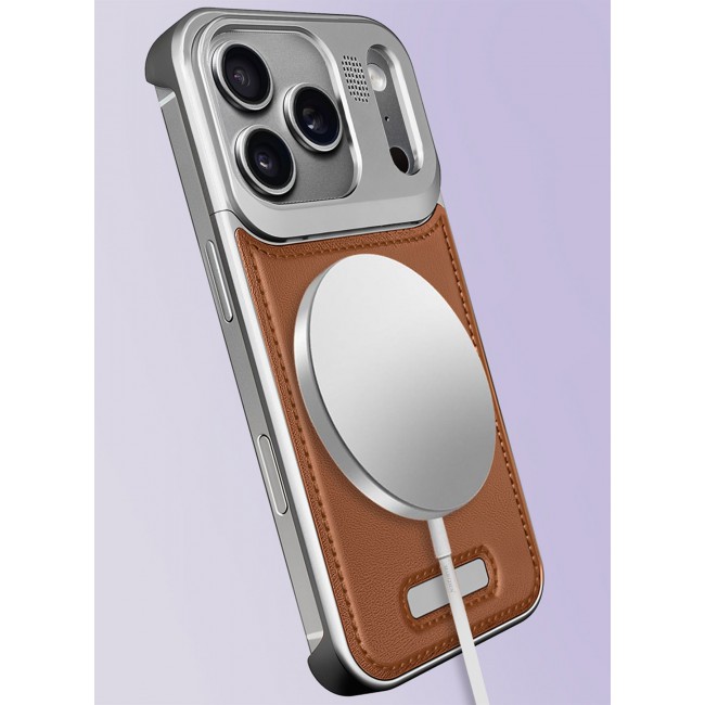 CATANES Leather Aluminum Alloy Metal Case for iPhone 17 Pro Max - with Aromatherapy and MagSafe - Silver Brown