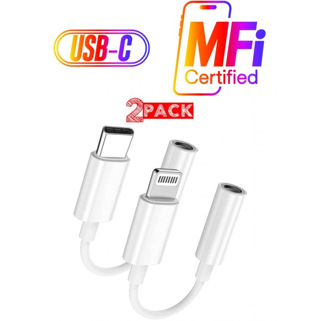 CATANES 2Packs Lightning to 3.5mm AUX Jack Adapter Cable and USB C Type C to AUX Jack Adapter / White Colour