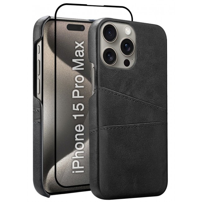 CATANES iPhone 15 Pro Max 2Packs Case Cover Leather with Card Holder for Men Women Phone Case with 3D Screen Protector - Black