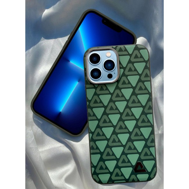 CATANES (for iPhone 13 Pro Max) Case Leather Back Cover Triangle Pattern Shockproof Protective Phone Case Green