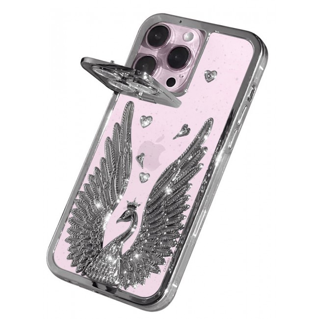 CATANES iPhone 15 Pro Max Bling Case Peacock Glitter Hard TPU Shockproof Protection Cover With Kickstand for Women Girls Silver