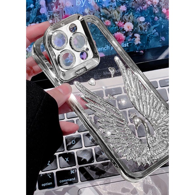 CATANES iPhone 15 Pro Max Bling Case Peacock Glitter Hard TPU Shockproof Protection Cover With Kickstand for Women Girls Silver