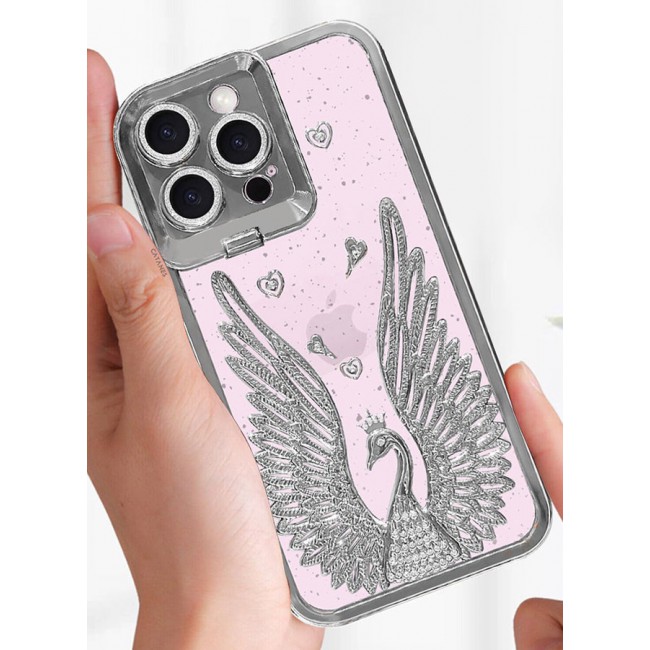 CATANES iPhone 15 Pro Max Bling Case Peacock Glitter Hard TPU Shockproof Protection Cover With Kickstand for Women Girls Silver