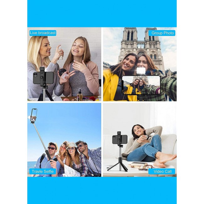 CATANES Q07 Bluetooth Integrated Selfie Stick Tripod - Extendable, Portable, with Detachable Fill Light and Remote for Smartphone Photography