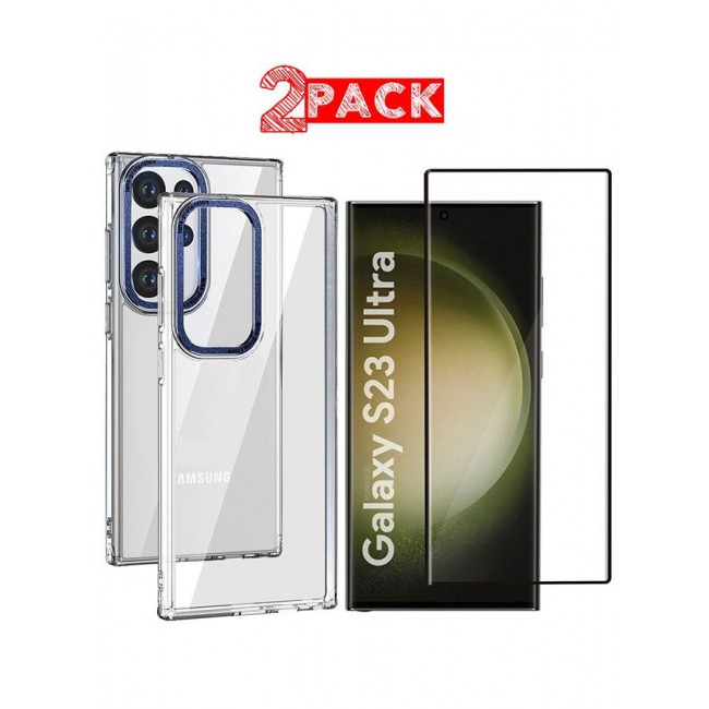 CATANES 2 Pack For Samsung Galaxy S23 Ultra Clear Case With Screen Protector Blue Edge