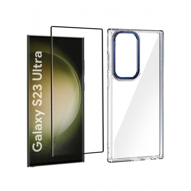 CATANES 2 Pack For Samsung Galaxy S23 Ultra Clear Case With Screen Protector Blue Edge