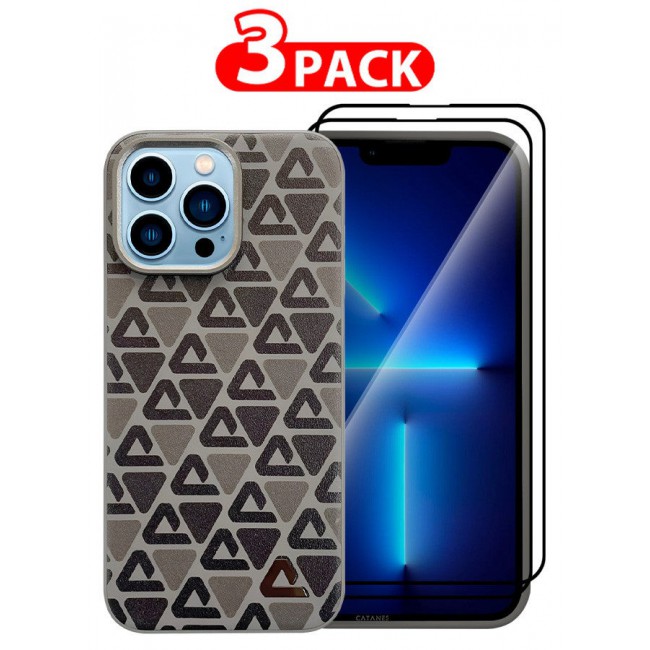 CATANES (for iPhone 13 Pro Max) 3 Pack Case and 2 Screen Protectors Leather Back Cover Triangle Pattern Shockproof Protective Phone Case Brown