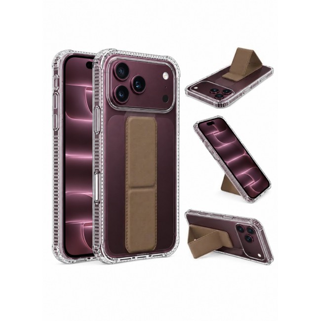 CATANES 2 Pack For iPhone 18 Pro Case Clear with Foldable Stand, Shockproof Protective Cover with Reinforced Corners, Transparent Bumper - Brown