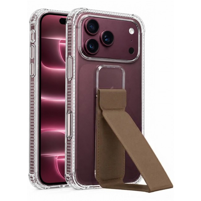 CATANES 2 Pack For iPhone 18 Pro Case Clear with Foldable Stand, Shockproof Protective Cover with Reinforced Corners, Transparent Bumper - Brown