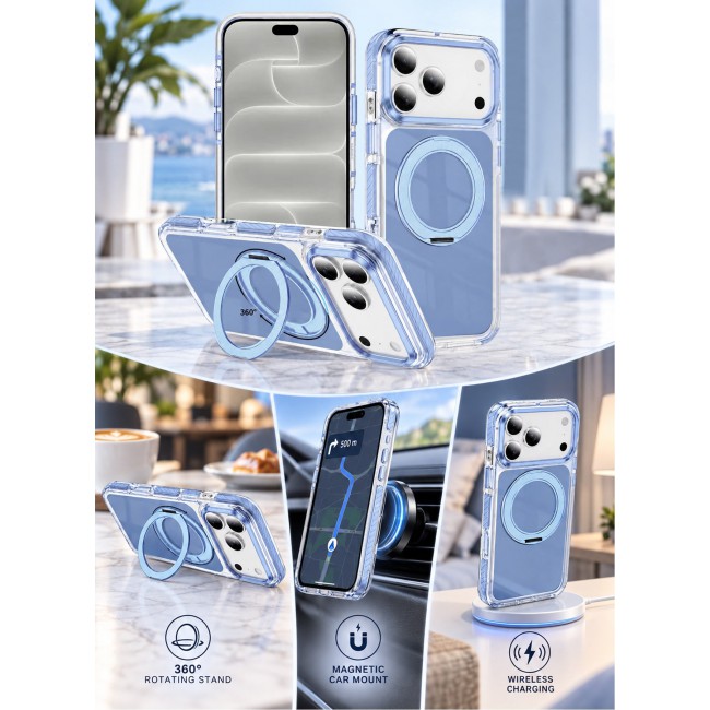 CATANES Magnetic Case For iPhone 18 Pro Max Clear TPU Cover with 360-Degree Rotating Ring Kickstand - Glacier