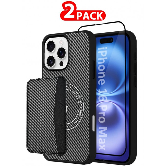 CATANES iPhone 16 Pro Max Case Leather 2Packs Antifingerprint Cover with Detachable Wallet Card Slot Shell Insert Card Holder Anti Fall Protection Carbon Fiber Design with 3D Screen Protector - Black