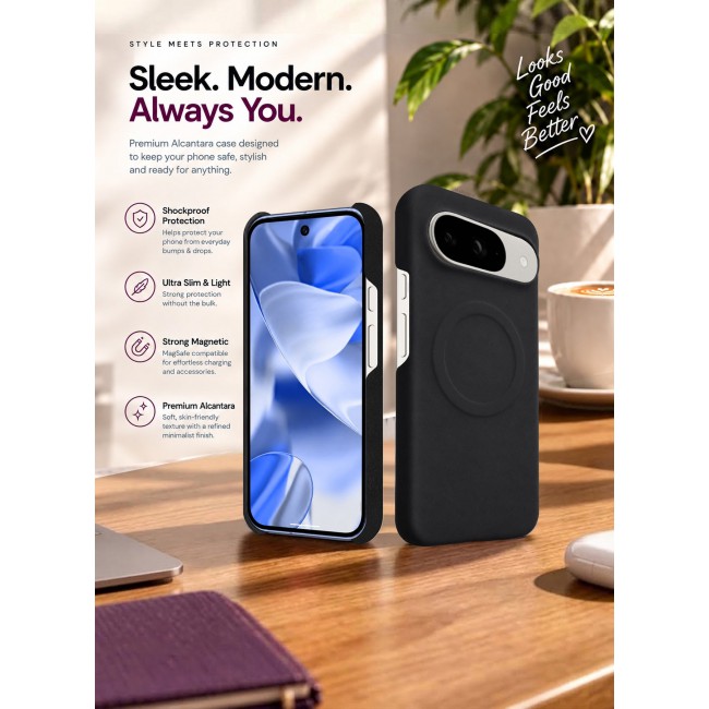 CATANES Premium Alcantara Case for Google Pixel 9 Magnetic Shockproof Slim Cover - Black