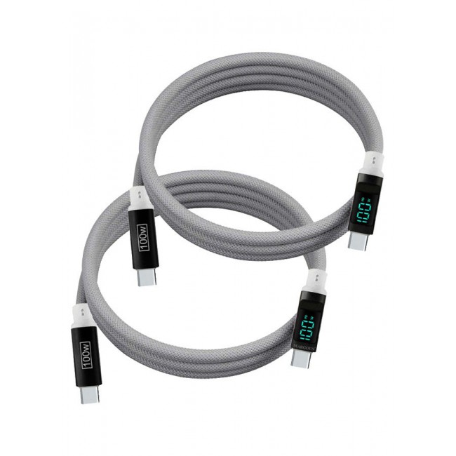 CATANES 2Packs 100W Fast Charging Cable USB-C to USB-C - Built-in Power Display, PD 3.0 & Durable Braided Design 1M - Light Grey White