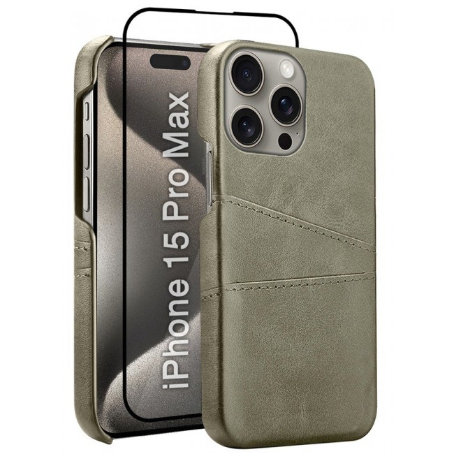 CATANES iPhone 15 Pro Max 2Packs Case Cover Leather with Card Holder for Men Women Phone Case with 3D Screen Protector - Grey