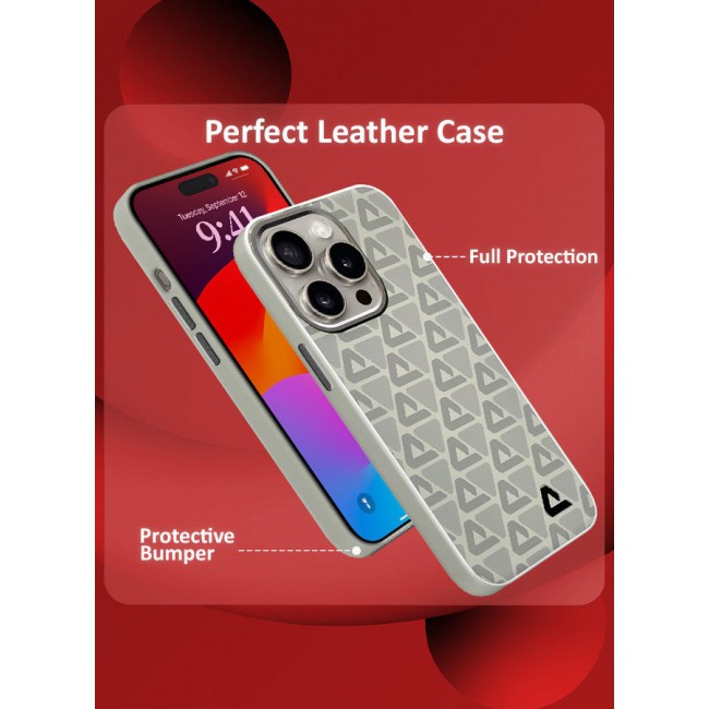 CATANES (for iPhone 15 Pro Max) 3 Pack Case and 2 Screen Protectors Leather Back Cover Triangle Pattern Shockproof Protective Phone Case Light Beige