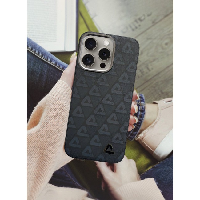 CATANES (for iPhone 15 Pro) 3 Pack Case and 2 Screen Protectors Leather Back Cover Triangle Pattern Shockproof Protective Phone Case Black