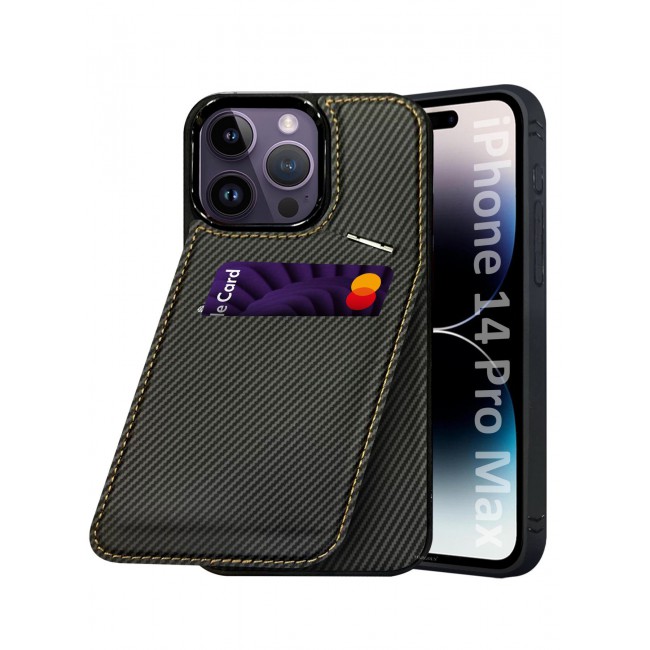 CATANES iPhone 14 Pro Max Case Cover Leather with Card Holder and Kickstand for Men Women Phone Case with Carbon Fiber Pattern