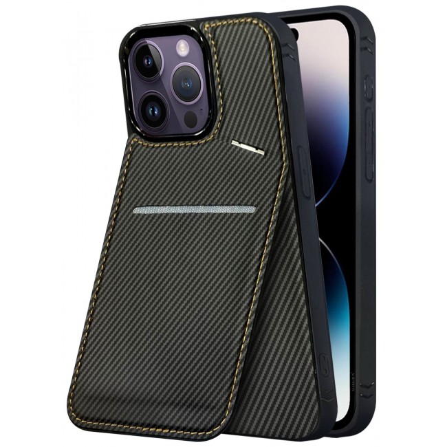 CATANES iPhone 14 Pro Max Case Cover Leather with Card Holder and Kickstand for Men Women Phone Case with Carbon Fiber Pattern