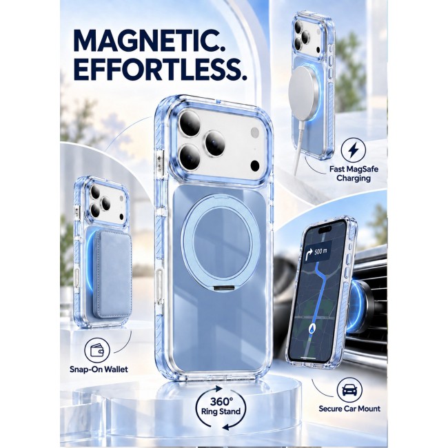 CATANES 2 Pack Magnetic Case For iPhone 18 Pro Max Clear TPU Cover with 360-Degree Rotating Ring Kickstand - Glacier