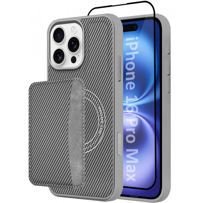 CATANES iPhone 16 Pro Max Case Leather 2Packs Antifingerprint Cover with Detachable Wallet Card Slot Shell Insert Card Holder Anti Fall Protection Carbon Fiber Design with 3D Screen Protector - Grey