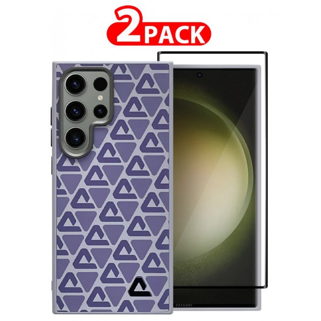 CATANES (for Samsung Galaxy S23 Ultra) 2 Pack Case and Screen Protector Leather Back Cover Triangle Pattern Shockproof Protective Phone Case Purple