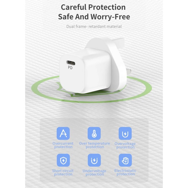 CATANES 25W PD Fast Charger Adapter Type C 3Pins with Lightning Cable 1m for Apple iPhone 14 Pro Max and 13 Pro Max / White