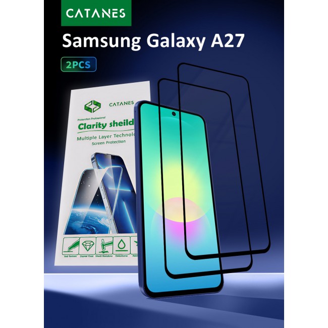 CATANES 2 PACK Screen Protector for Samsung Galaxy A27 (2026) Tempered Glass 6.7 inch 3D, Full Coverage, Scratch-Resistant, 9H Hardness High-Definition Clear Guard, Black Edge