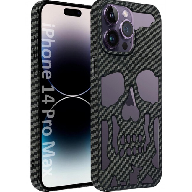 CATANES iPhone 14 Pro Max Case Cover Soft TPU and Glossy with Skull Design - Carbon Fiber