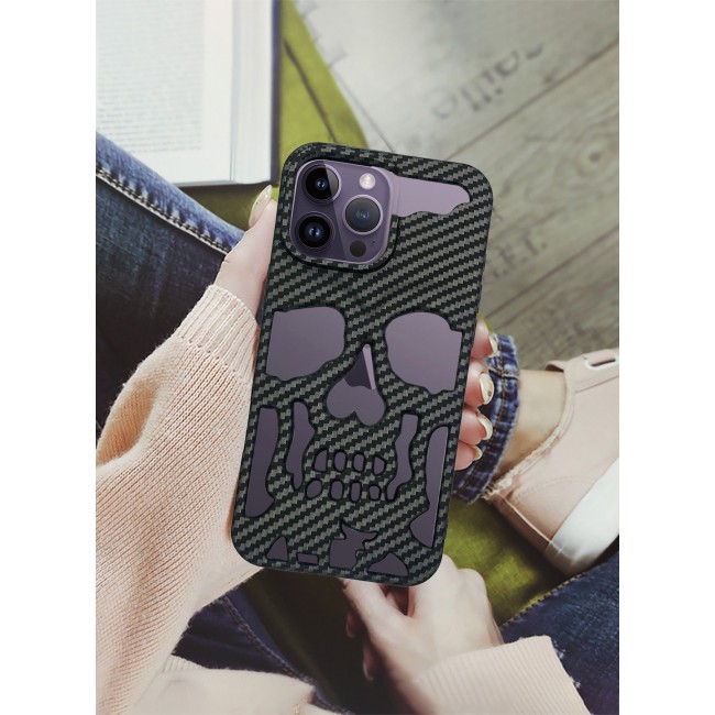 CATANES iPhone 14 Pro Max Case Cover Soft TPU and Glossy with Skull Design - Carbon Fiber