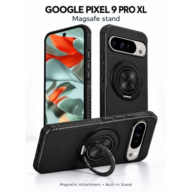 CATANES Magnetic Kickstand Rugged Armor Case for Google Pixel 9 Pro XL - MagSafe Compatible Heavy Duty Cover - Black